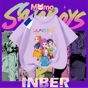 Kpop Demon Hunters Áo thun trẻ em dáng rộng cổ tròn tay ngắn Top Tee Hoạt hình đơn giản và Áo thun phổ biến