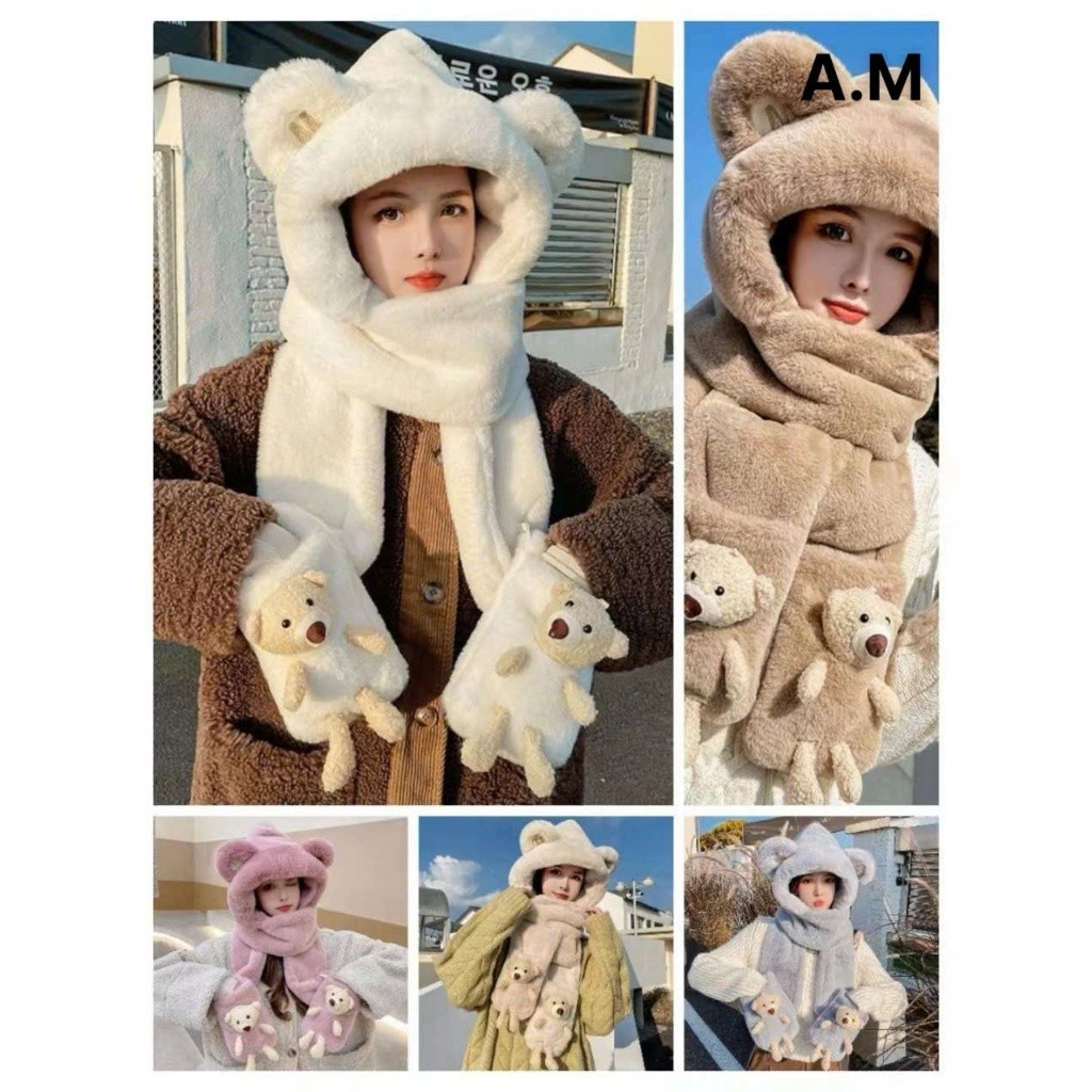 Set Mũ Gấu Lông Tai Thỏ 3in1 - Mũ Trùm Đầu Mũ Khăn Cổ Gang Tay Gắn Hình Thú Gấu Dễ Thương Quà Giáng Sinh Noel Dễ Thương