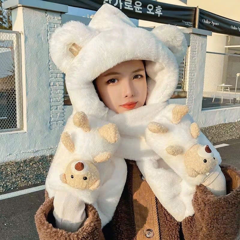 Set Mũ Gấu Lông Tai Thỏ 3in1 - Mũ Trùm Đầu Mũ Khăn Cổ Gang Tay Gắn Hình Thú Gấu Dễ Thương Quà Giáng Sinh Noel Dễ Thương