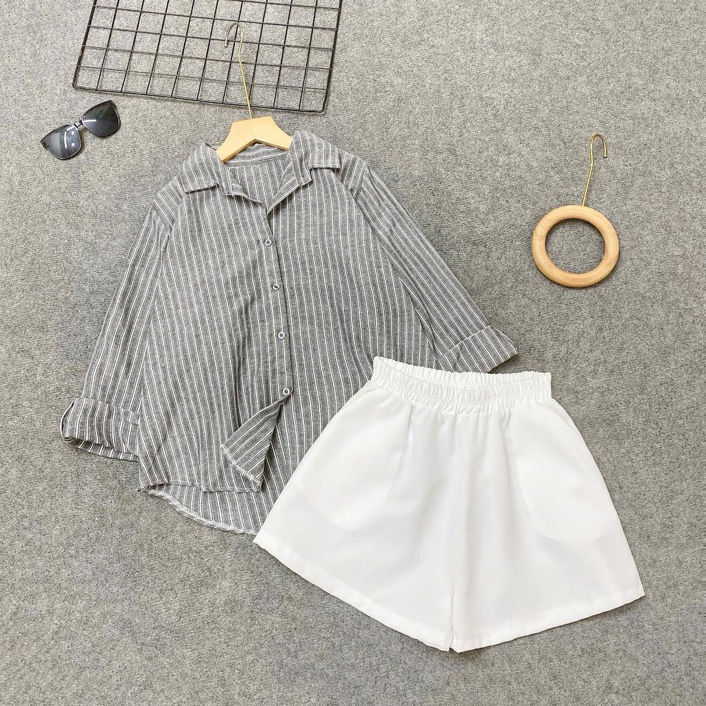 Set Đồ Kiểu Bigsize CÔ NHỎ Áo Sơ Mi Sọc Form Rộng Phối Quần Đùi Lưng Chun Co Giãn Thoải Mái Trẻ Trung- A328+Q500