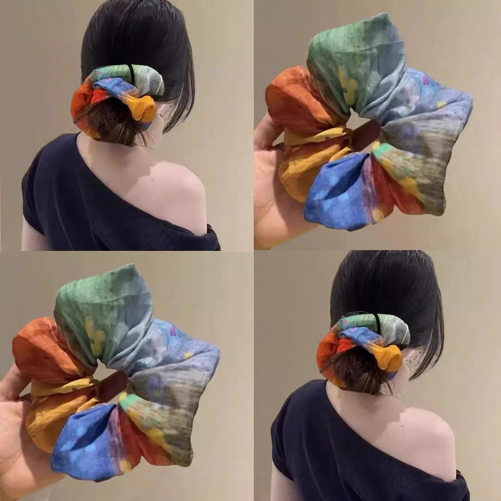 Scrunchy tóc handmade boho retro màu xanh vàng từ ramie