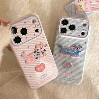 Hàn Quốc Ins Ngọt Ngào Nữ Tính Thêu Mèo Hồng Sọc Trái Tim Tình Yêu Ốp Lưng Điện Thoại iPhone 17Promax 16Promax 12 13 14 15 Pro Max Silicon Bóng Chống Sốc Nữ Vỏ Di Động