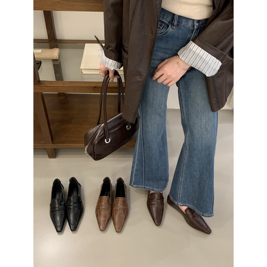 KD Giày Đế Bằng Nữ Thu Đông 2025 Phong Cách Mới Giày Nữ Giày Da Nhỏ Mũi Vuông Giày Slip-On Giày Loafers