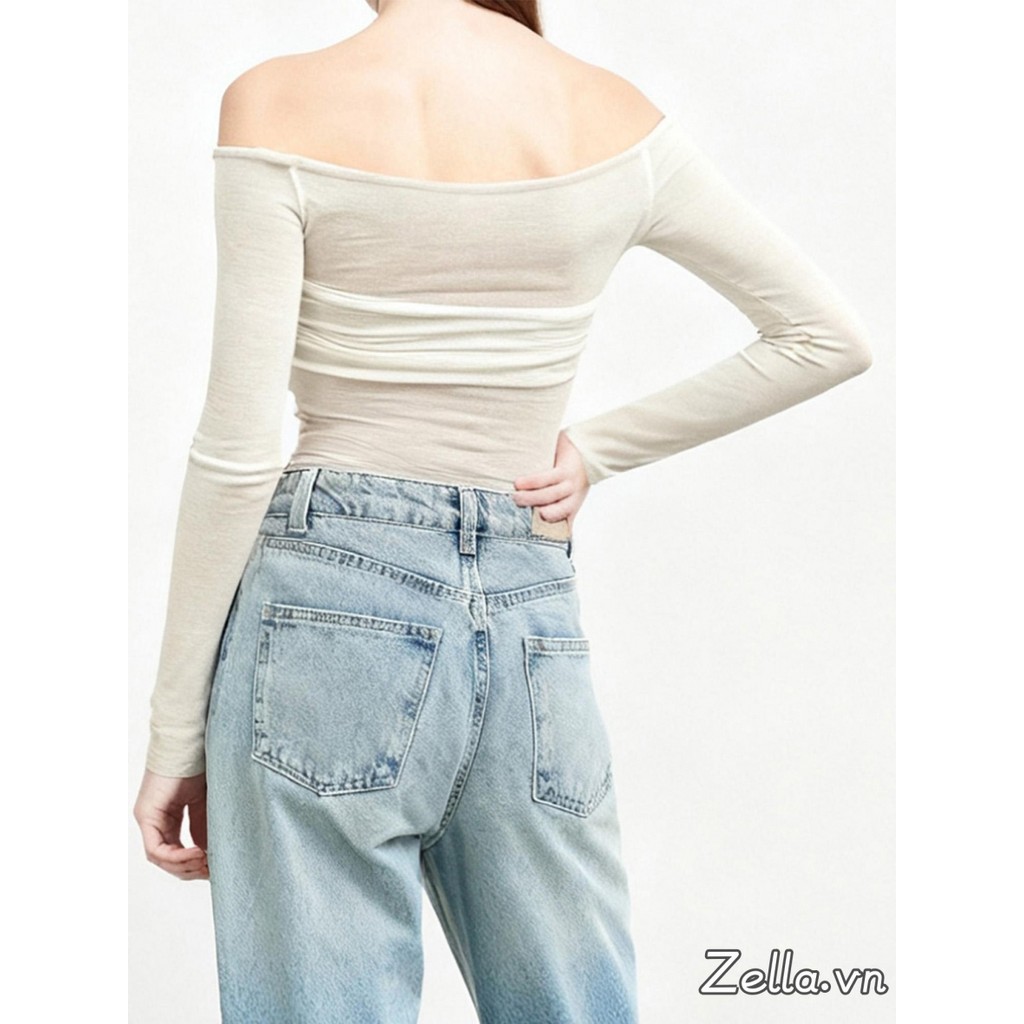 Áo thun nữ xếp nếp Ngực Slim Fit Off Vai Áo dài tay quây