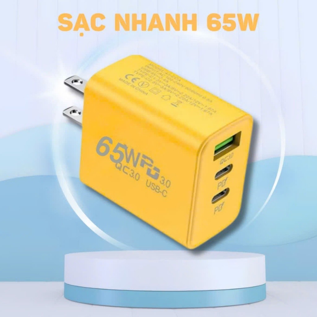 Cốc sạc nhanh 65W “Tặng cáp sạc nhanh 4 in 1” . Củ sạc nhanh 3 in 1 gồm: 2 cổng Type C + 1 cổng USB