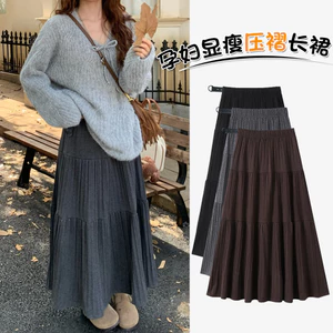 Váy bà bầu thời trang thu đông Váy chữ A xếp ly Cashmere dày