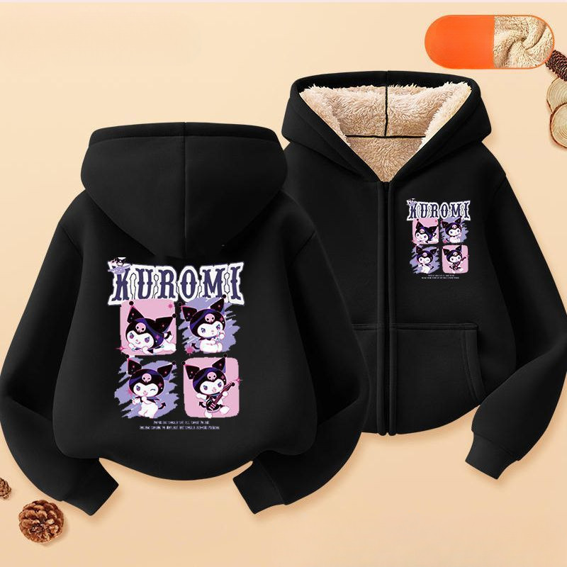 Áo Hoodie có khóa kéo dành cho trẻ em Kuromi 2025 Sanrio Thiết kế nhân vật Áo chui đầu mùa đông cho bé gái