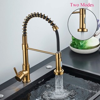 Vòi trộn nước nóng lạnh kéo xuống phong cách lò xo, vòi inox màu vàng chải, vòi nguyên chất đa chức năng, cung cấp nước sạch và tốt cho nhà bếp