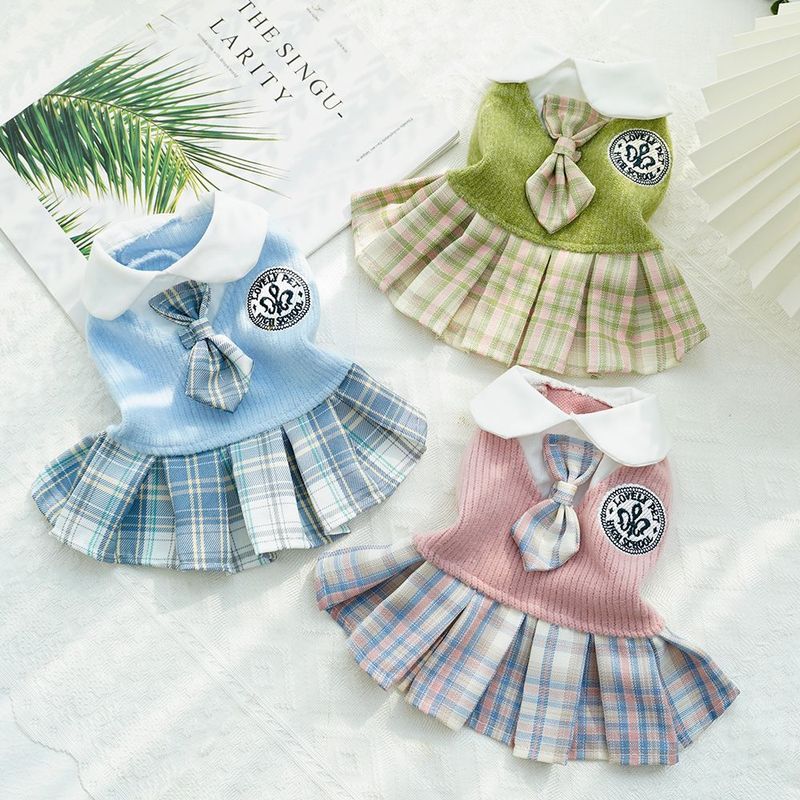 Thú Cưng Thu Đông Len jk Kẻ Sọc Đầm Nhỏ Vừa Chó Teddy Bichon Corgi Chó Mèo Quần Áo Tiếp Liệu