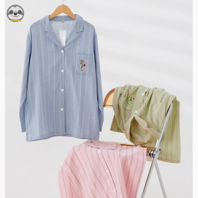Phong cách Nhật Bản Muji Style / Quần yếm Cotton nguyên chất sợi đôi cho bé trai bé gái / Quần dài tay sọc trẻ em Bộ đồ ngủ thân thiện với da / Mềm mại thoải mái thoáng khí cho cha mẹ và con cái