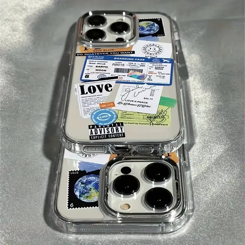 Nhãn vé máy bay Khung ống kính mạ điện Vỏ điện thoại trong suốt cho iPhone 17 Pro Max XS X XR 16 15 14 13 12 11 7 8 Plus 17 Vỏ chống sốc không khí