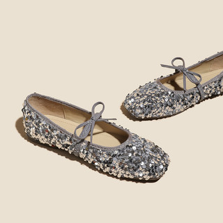 Giày đế bằng đính sequin kiểu Pháp có nơ Mary Jane