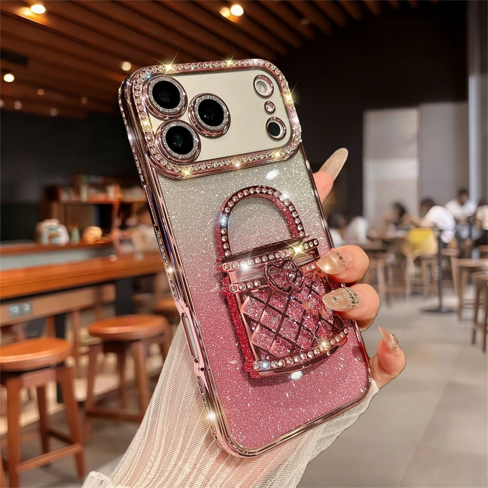 Sang Trọng Gương Lấp Lánh Giá Đỡ Ốp Lưng Điện Thoại iPhone 17 Pro Max 16 12 13 14 15 Pro Max Ống Kính Bảo Vệ Camera Vỏ Chống Sốc TPU Vỏ Mềm Điện Thoại