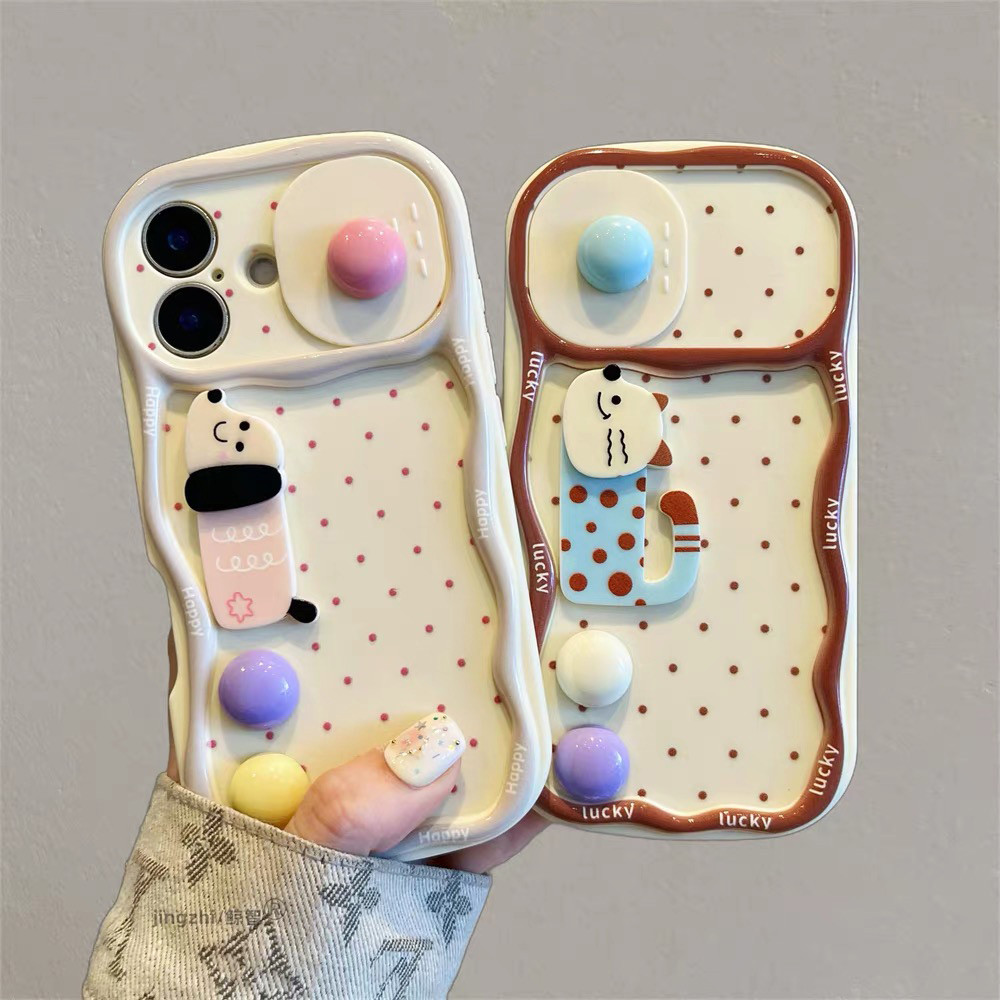 Ốp điện thoại cửa sổ trượt 3D Dot Dog Cat cho iPhone 17 Pro Max 16 Plus 15 14 13 12 11 Vỏ bảo vệ chống sốc