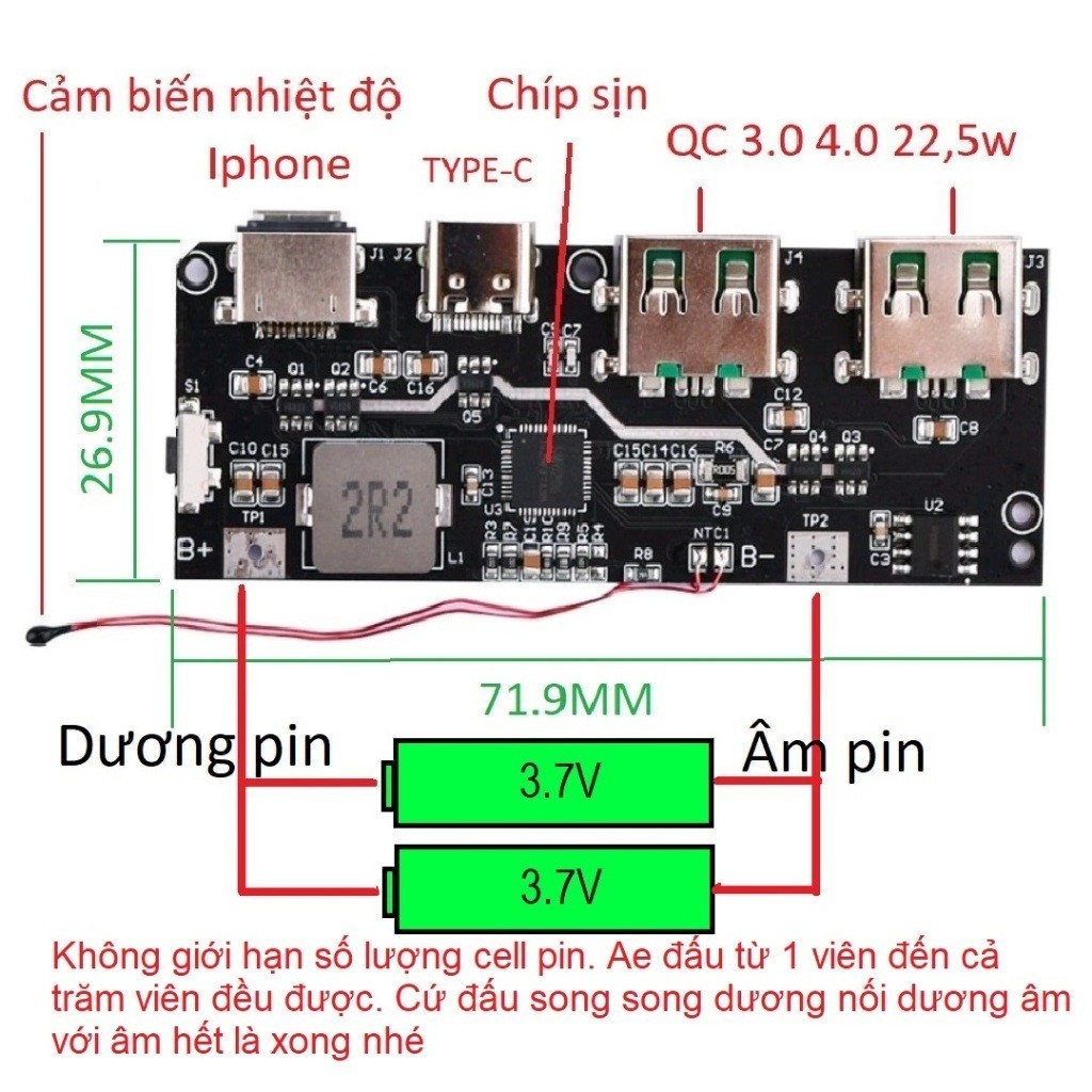 【24H】Mạch điều khiển sạc dự phòng 22.5W với công nghệ sạc nhanh hai chiều Type-C và hệ thống bảo vệ pin thông minh