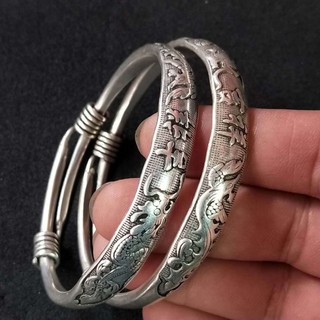 Vòng tay bạc vintage phong cách dân tộc, may mắn và trường thọ - Sản phẩm thủ công