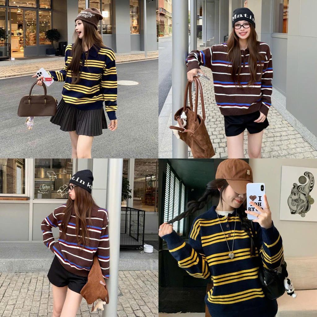 (HÀNG QCCC LOẠI 1) Áo len polo dài tay cho nữ phối họa tiết kẻ sọc chất len dày dặn mềm mịn BA SP397