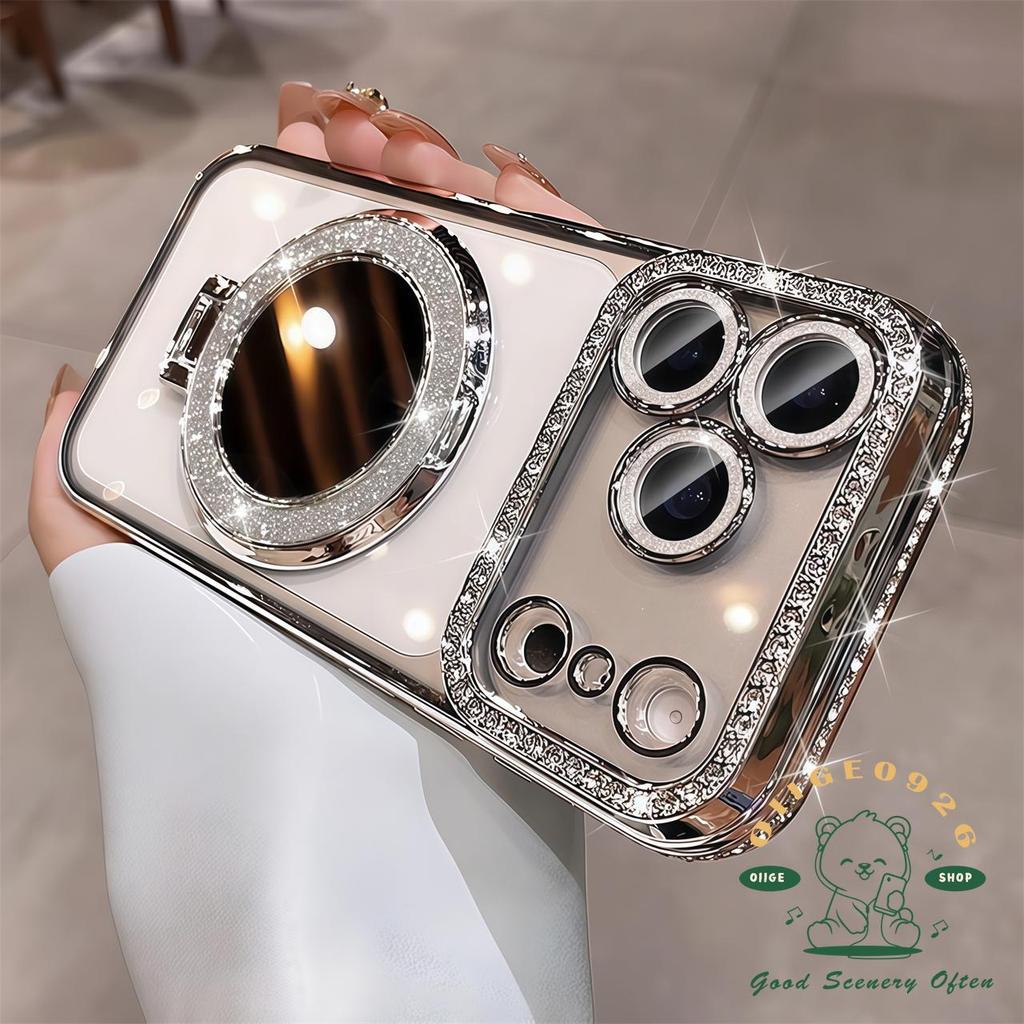 【 Ốp lưng iPhone17 】 Giá đỡ gương kim cương mạ màu cam Vỏ điện thoại từ tính iphone17 Pro Max 16 15 14 13 12 cho vỏ iPhone Vỏ mềm silicon TPU chống sốc