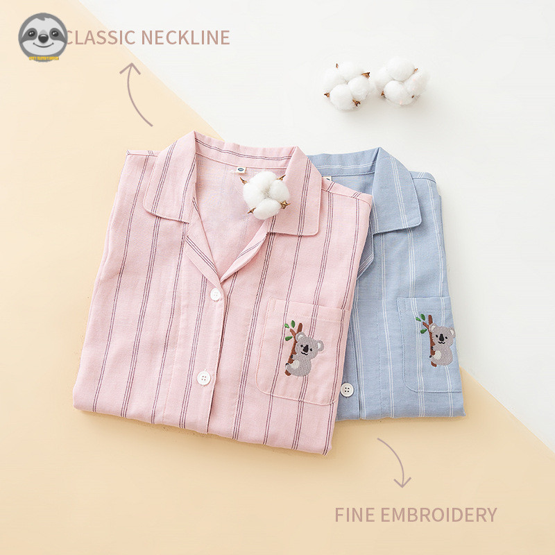 Phong cách Nhật Bản Muji Style / Quần yếm Cotton nguyên chất sợi đôi cho bé trai bé gái / Quần dài tay sọc trẻ em Bộ đồ ngủ thân thiện với da / Mềm mại thoải mái thoáng khí cho cha mẹ và con cái
