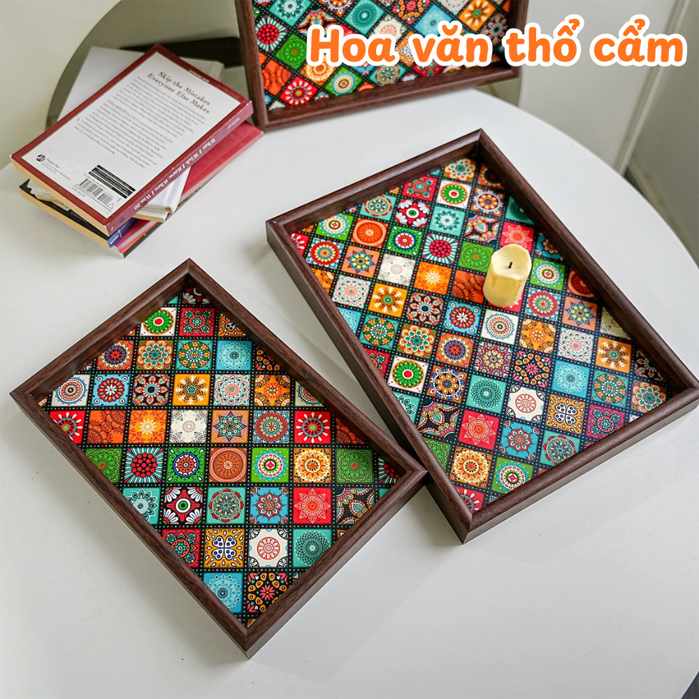 Khay Trà Gỗ Họa Tiết Mosaic Phong Cách Bohemian, Khay Đựng Ly Cốc Sang Trọng Decor Nhà Cửa Tiện Lợi