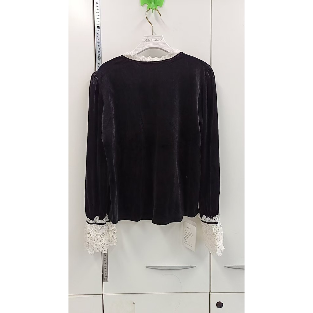 Milyfashion Retro Ren Khâu Vàng Nhung Áo Sơ Mi Mùa Dài Tay Hoa
