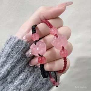 Vòng tay pha lê dâu đào và móng vuốt mèo, cặp đôi màu hồng và đỏ, thiết kế thời trang cho mùa hè