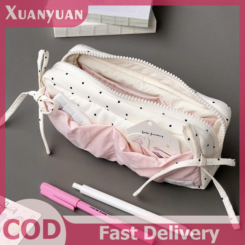 XUAN Dễ Thương Chấm Bi Nơ Hộp Đựng Bút Chì Màu Trắng Với Màu Hồng Phụ Kiện Dung Tích Lớn Dây Kéo Túi Đựng Bút Chì Học Sinh Văn Phòng Phẩm Đồ Dùng Học Tập VN