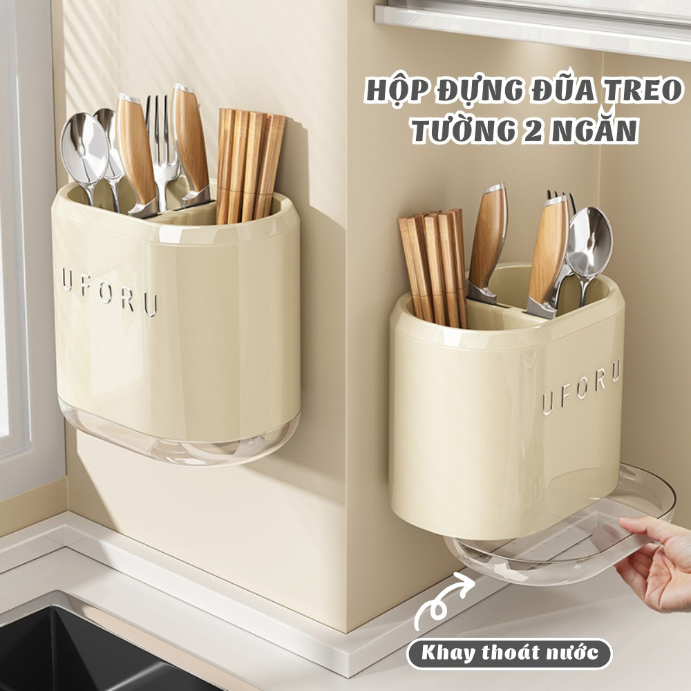 Ống Đựng Đũa Muỗng Treo Tường Chia 2 Ngăn Tiện Lợi Chất Liệu Nhựa Cứng Cáp DINO