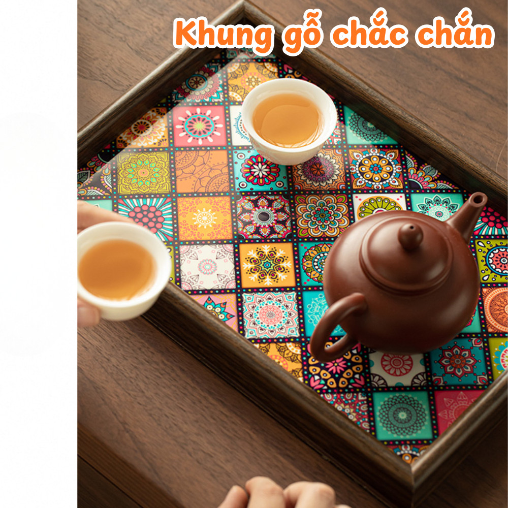 Khay Trà Gỗ Họa Tiết Mosaic Phong Cách Bohemian Richouse, Khay Đựng Ly Cốc Sang Trọng