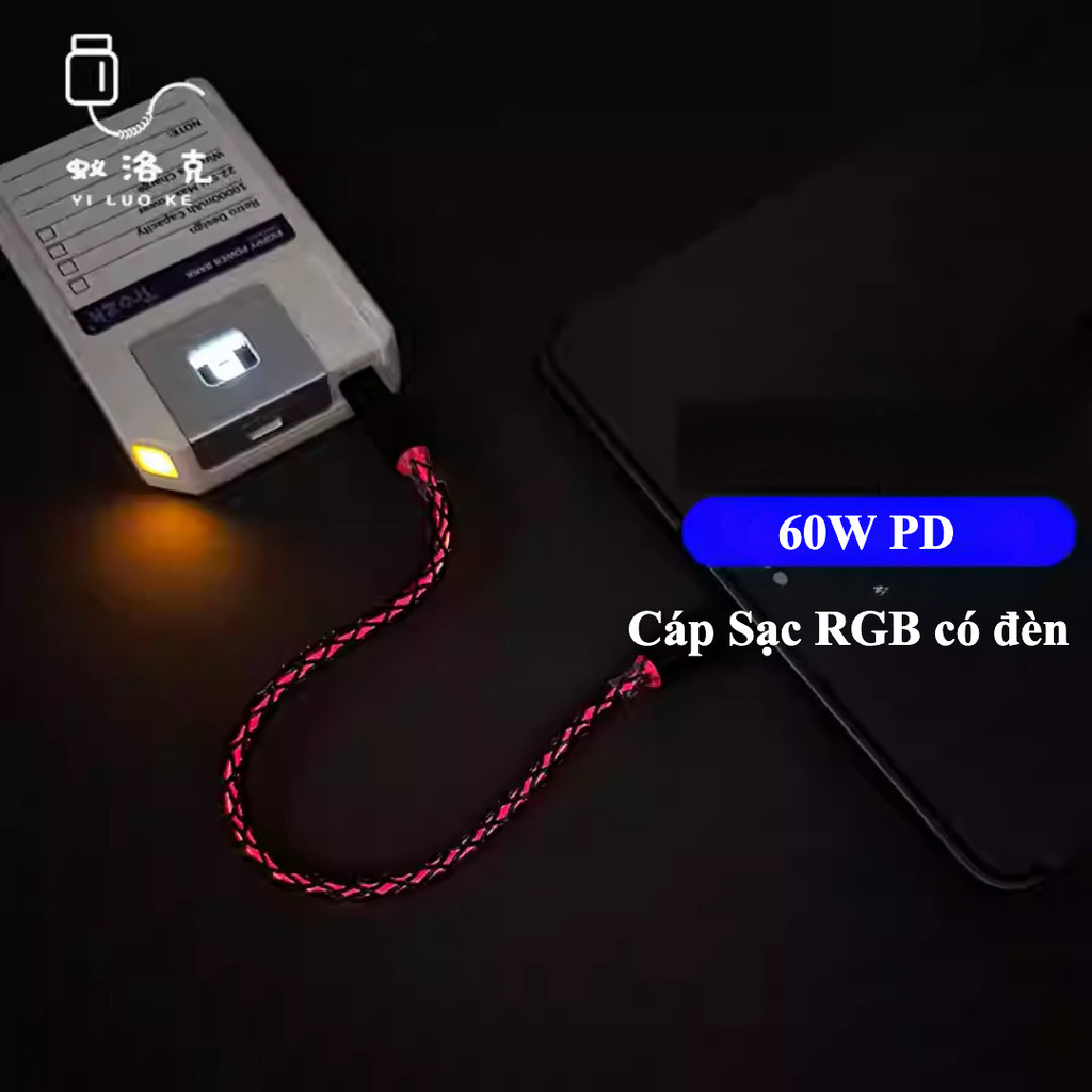 Cáp Sạc Ngắn 65W - 15cm, 25cm, 50cm - Dây RGB Phát Sáng - CarPlay - Truyền Dữ Liệu 480Mpbs