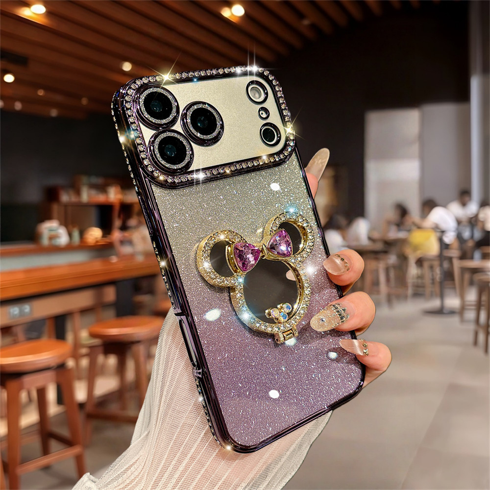 Ốp Điện Thoại Đứng Gương Kim Cương Flash Sang Trọng Cho iPhone 17 Pro Max 16 12 13 14 15 Pro Max Ống Kính Bảo Vệ Camera Vỏ Chống Sốc TPU Vỏ Mềm Vỏ Bảo Vệ Điện Thoại