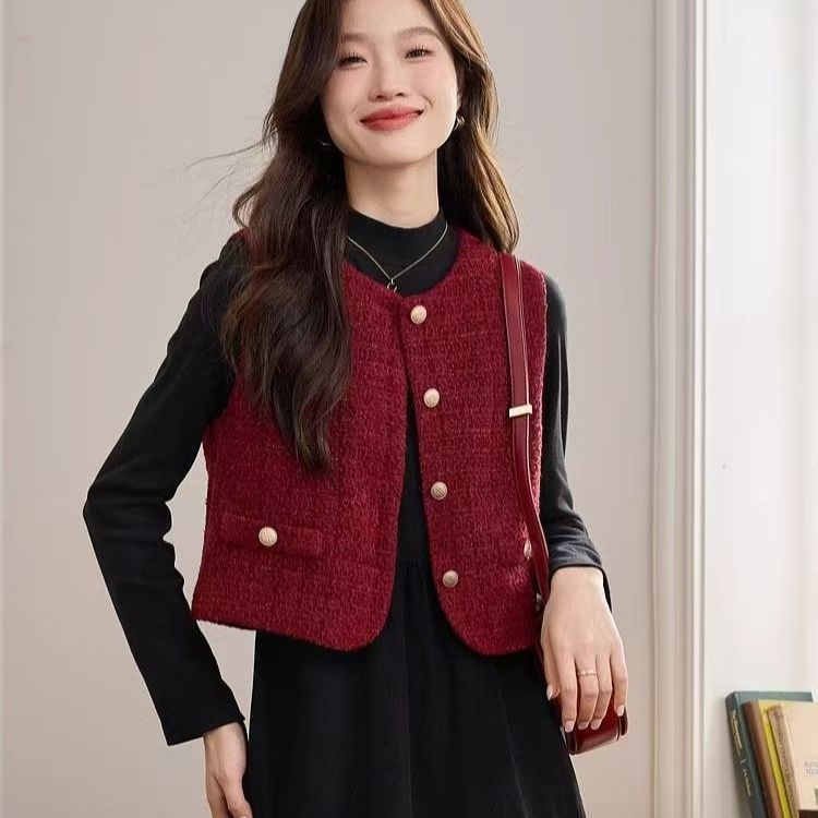Áovest cổ điển màu đỏ không tay cho phụ nữ mùa thu đông