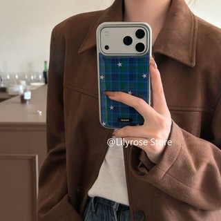 Ốp lưng màu xanh lá cây ca rô ngôi sao bạc cho iPhone 17ProMax 17Po 17 16ProMax 16Pro 16 15ProMax 15Pro 15 14ProMax 14Pro 14 13ProMax 13Pro 13 Vỏ iPhone Apple cứng tối giản