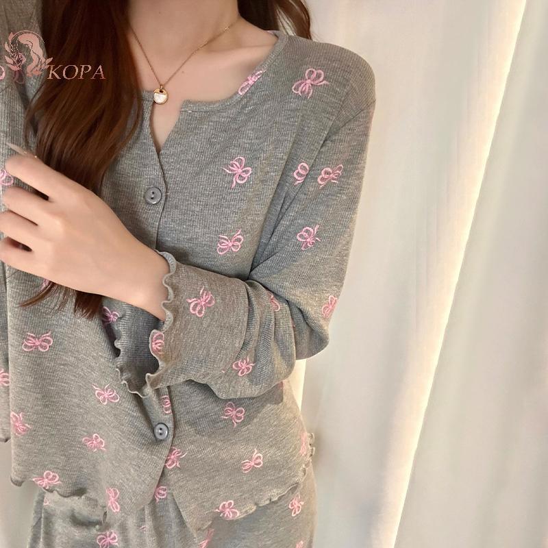 KOPA Bộ Đồ Ngủ Thu Đông Mới, Ice Silk Thread với Áo Cardigan Rời Dễ Thương