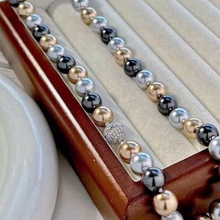 N1160 Vòng Cổ Ngọc khoá nam châm cao cấp, Dây Chuyền ngọc trai xám kem nhân tạo đá 10li, Chuỗi Hạt Ngọc