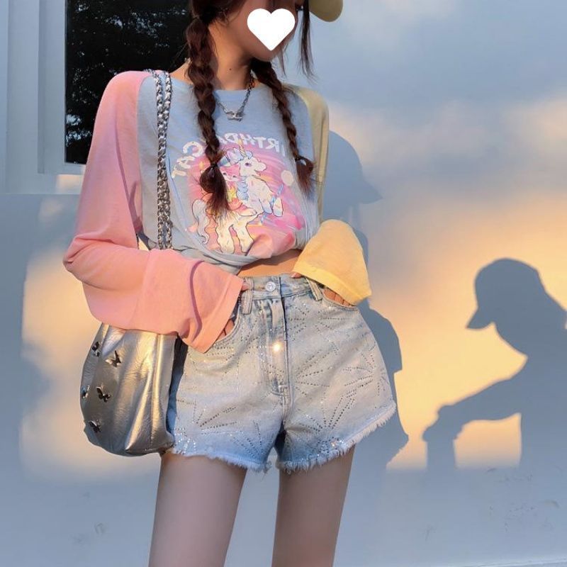 Pure Desire Phong Cách Màu Sắc Phù Hợp Với Mùa Hè Dopamine Kỳ Lân In Ngọt Cay Raglan Tay Áo Sơ Mi Xuân Thu Nữ Đáy Áo Sơ Mi Top