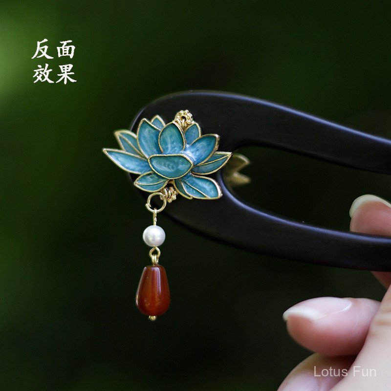 Kẹp Tóc Tua Rua Hình Chữ U Gỗ Mun Cổ Điển Hai Mặt Sen Cloisonné Phong Cách Trung Hoa Thích Hợp Với Hanfu Sườn Xám
