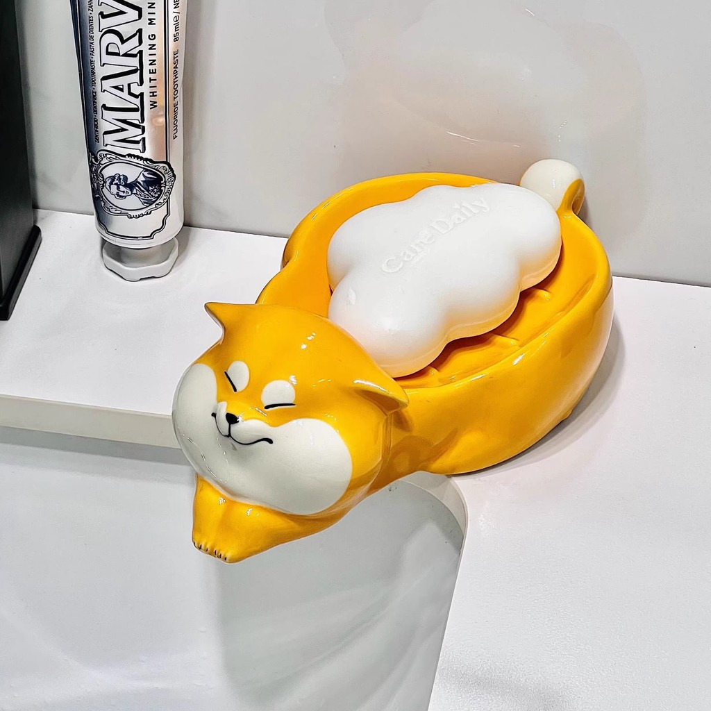 Đĩa xà phòng gốm sứ sáng tạo hoạt hình, Giá đựng xà phòng Shiba Inu dễ thương, Khay đựng xà phòng thoát nước cho phòng tắm