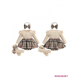 MG-Baby Girl Fall Trang Phục Dài Tay Kẻ Sọc In Váy Body Có Băng Đô Tất Bộ Quần Áo Trẻ Sơ Sinh