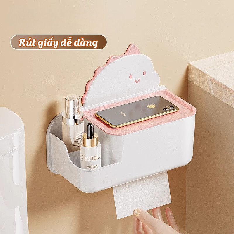 Hộp đựng giấy vệ sinh dán tường kèm kệ để đồ hình khủng long dễ thương tiện dụng cho nhà tắm DinoHome