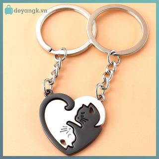 Deyangk 1 Cặp Móc Khóa Màu Đen Dễ Thương Chắp Vá Trái Tim Tròn Cặp Đôi Người Yêu Móc Khóa Ba Lô Thép Không Gỉ Chìa Khóa Xe Ô Tô Nhẫn Trang Sức VN