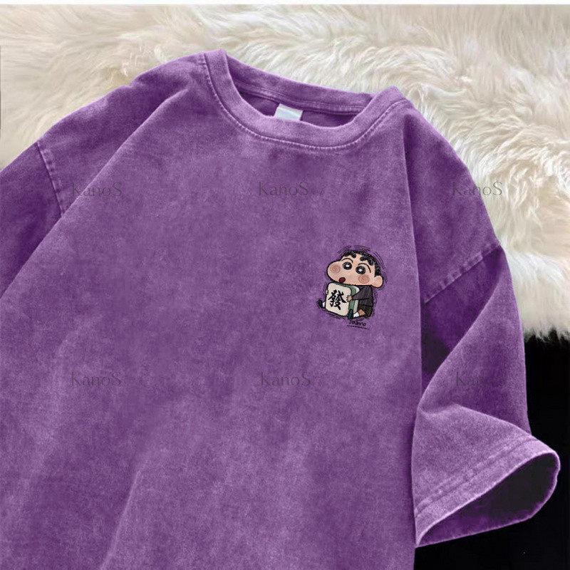 Kanos_shop | Áo rộng giặt nước, phong cách nhật Cartoon Xiao xin print 100% cotton áo sơ mi tay ngắn