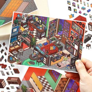 ENWEI 3 Chiếc [My Cottage Series] Nhãn Dán Phong Cảnh 3D Chất Liệu Chống Thấm Nước Cho J Home Và P Den Phong Cách Hoạt Hình Thêu Sò Tạp Chí Nhãn Dán Trang Trí