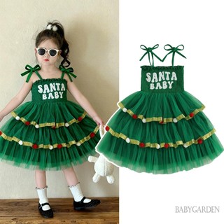 6M-7Y trẻ em bé gái thêu chữ Cami Giáng sinh không tay tầng vải tuyn chữ A