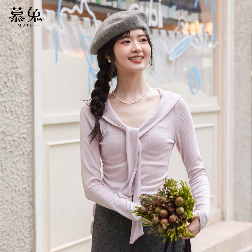 Mutu Áo Thun Dài Tay Nữ Phù Hợp Mùa Đông, Cổ Chữ V Ruột Băng, Thiết Kế Slim-Fit Sang Trọng