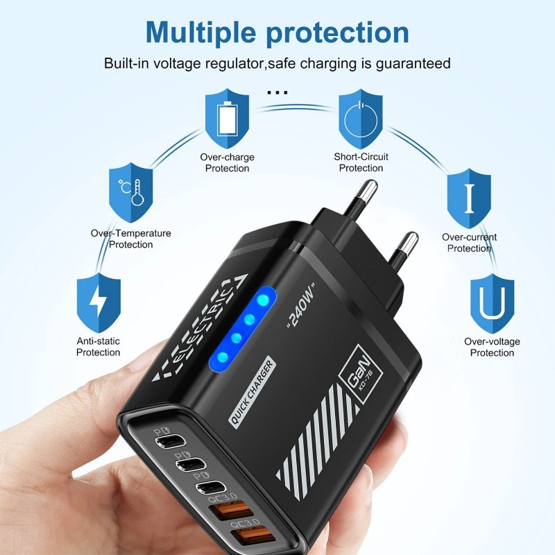 Bộ sạc USB 3PD 2 hiện tại ổn định cho IPhone - Bộ sạc phích cắm EU chống cháy cho máy tính xách tay Android - Bộ chuyển đổi nguồn 5IN1 240W bền bỉ