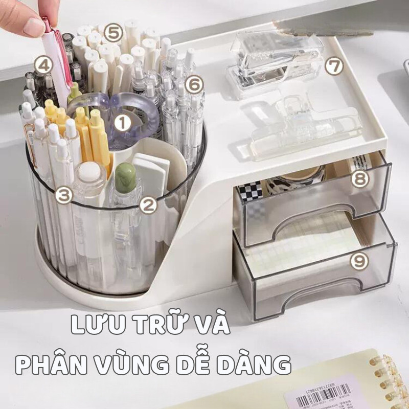 Hộp Đựng Bút Thông Minh Xoay 360° Kèm 2 Tầng Ngăn Kéo, Đựng Đồ Gọn Gàng, Tiện Dụng