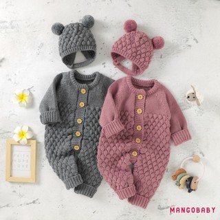 MG-Infant Baby 2 Bộ trang phục mùa đông Áo liền quần dệt kim màu trơn dài tay + Bộ mũ gấu
