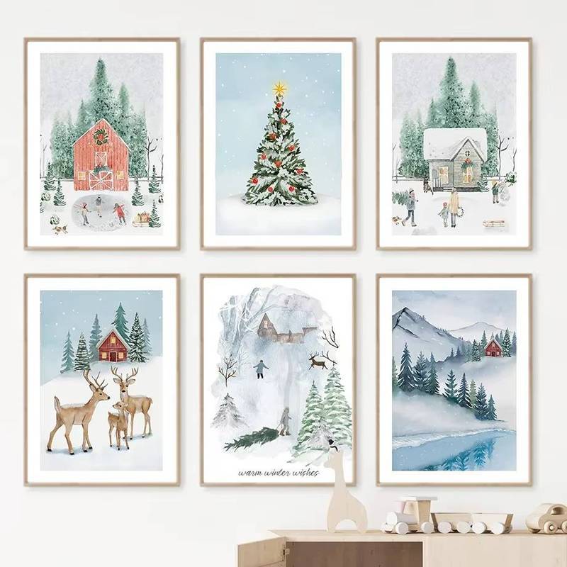 Cây Giáng Sinh Hươu Người Tuyết Tuyết Núi Sông Mùa Đông Tường Nghệ Thuật Tranh Canvas Áp Phích Và In Hình Treo Tường Hình Ảnh Trẻ Em Trang Trí Phòng