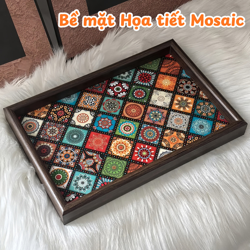 Khay Trà Gỗ Họa Tiết Mosaic Phong Cách Bohemian HOMEXINH Khay Đựng Ly Cốc Sang Trọng, Decor Nhà Cửa Tiện Lợi